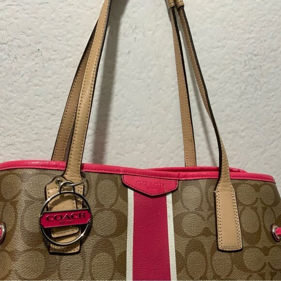 Coach Signature Bag F29084 Carryall Large Tote Drawstring Khaki Pomegranate Brow - Picture 3 of 14